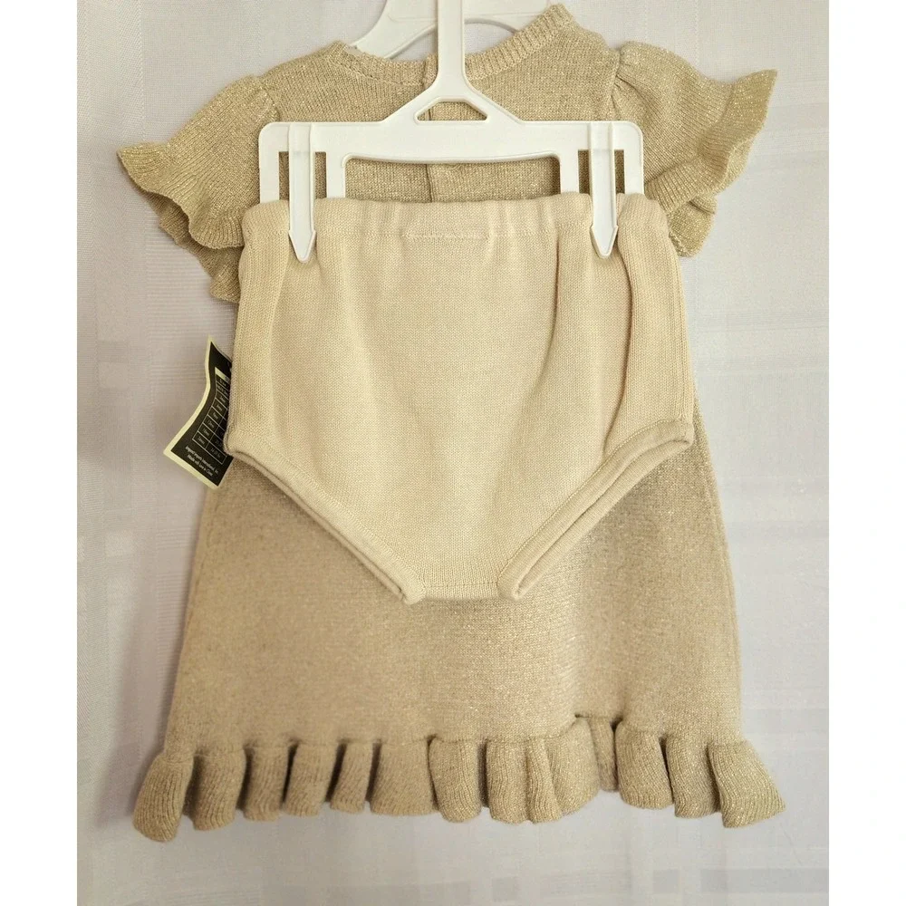 MiniBasix Baby‎ Girl Dress 6M Gold Metallic Knit Bow Ruffle Bottom Bloomer Set
